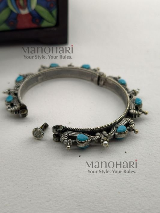 Meher peacock stone heritage bangle silver replica jewellery