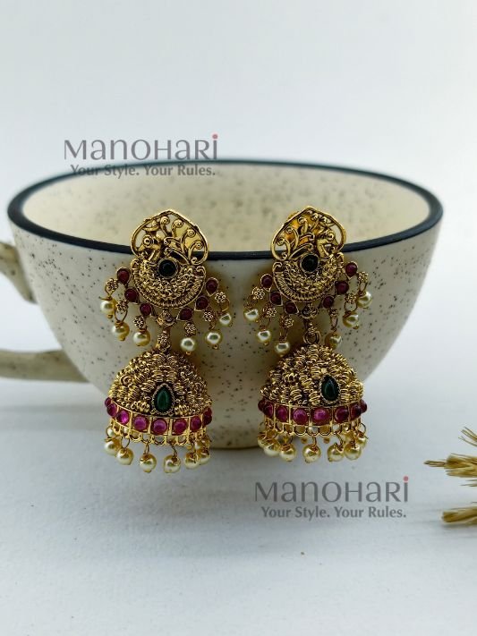 MN-ER-AGJ-VEL-01_1 Velora antique gold jhumka earrings for women traditional ethnic jewellery