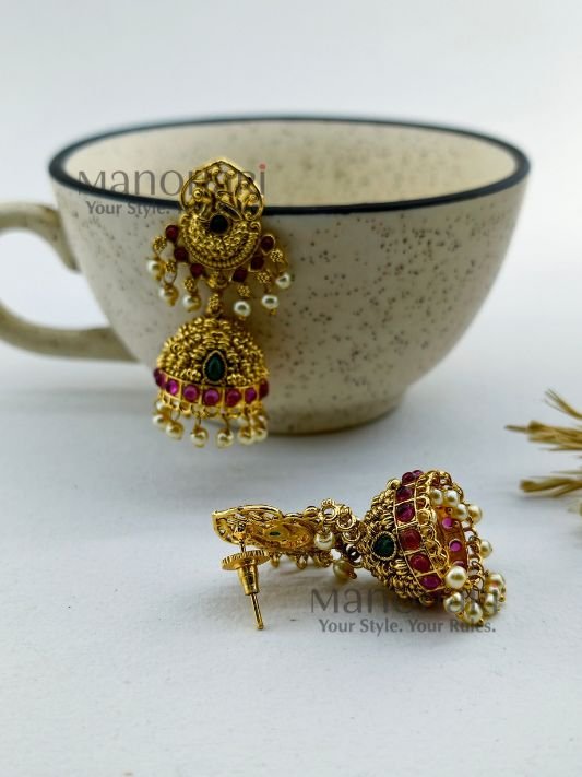 MN-ER-AGJ-VEL-01_2 Velora antique gold jhumka earrings for women traditional ethnic jewellery