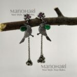 Aarini silver bird heritage earrings with oxidized gemstone detailing