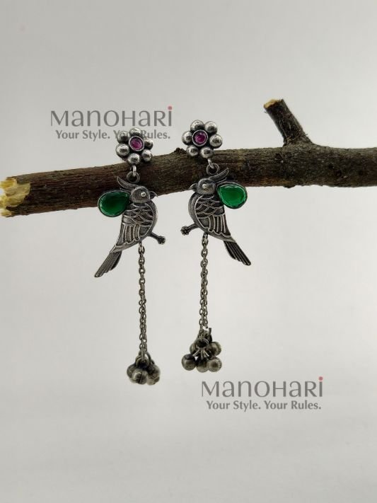 Aarini silver bird heritage earrings with oxidized gemstone detailing