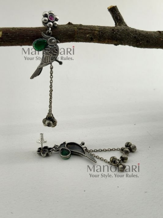 Aarini silver bird heritage earrings with oxidized gemstone detailing