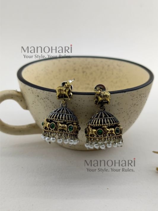 MN-ER-PDTJ-ISH-01_1 Ishani Pichwai dual tone jhumkas handcrafted oxidized earrings
