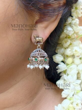 Ishani Pichwai dual tone jhumkas handcrafted oxidized earrings