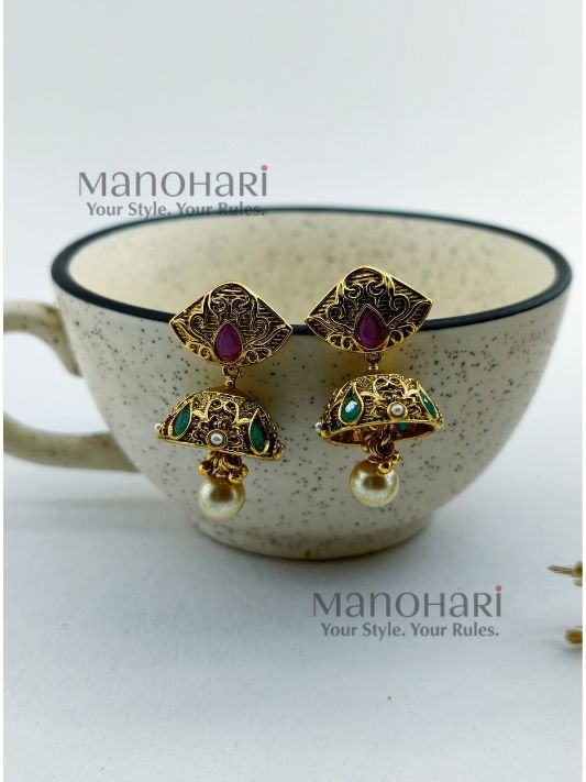 MN-ER-RAJ-CNJ-01_1 Rajwadi Antique Cone Jhumkas by Manohari in antique gold finish with traditional ethnic design for festive and wedding wear
