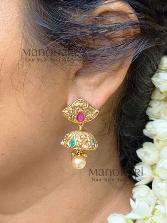 MN-ER-RAJ-CNJ-01_3 Rajwadi Antique Cone Jhumkas by Manohari in antique gold finish with traditional ethnic design for festive and wedding wear