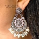 Ruhani pink pearl elegance earrings with oxidised silver chandbali detailing