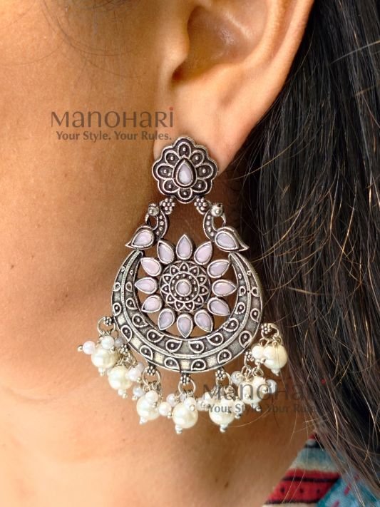 Ruhani pink pearl elegance earrings with oxidised silver chandbali detailing