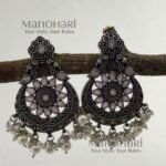Ruhani pink pearl elegance earrings with oxidised silver chandbali detailing