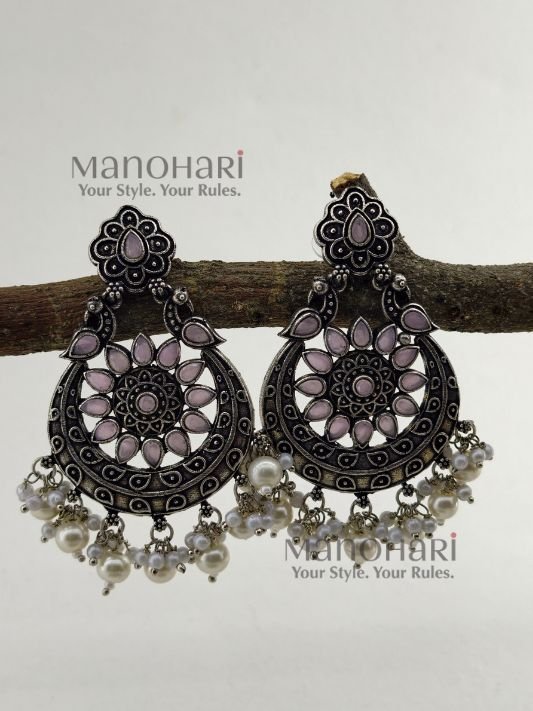 Ruhani pink pearl elegance earrings with oxidised silver chandbali detailing