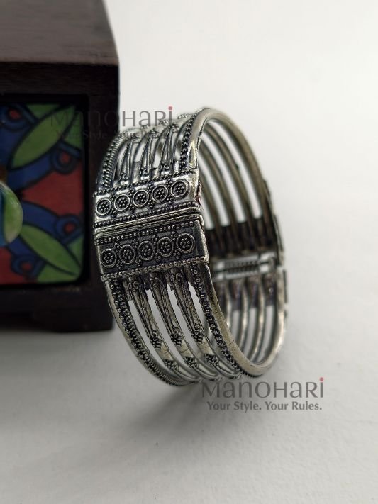 Ruhani oxidised heritage kada silver plated German silver jewellery