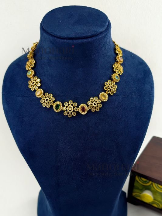 MN-NK-TBGN-TAN-01_3 Tanmayi blossom grace necklace with floral multicolor stone detailing