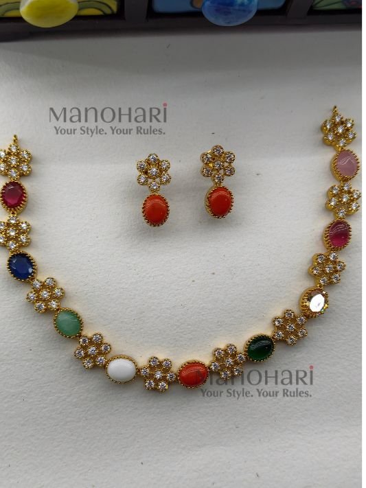 MN-NK-TNGN-TAN-01_1 Tanmayi Navarathna grace necklace with floral matte gold stone detailing