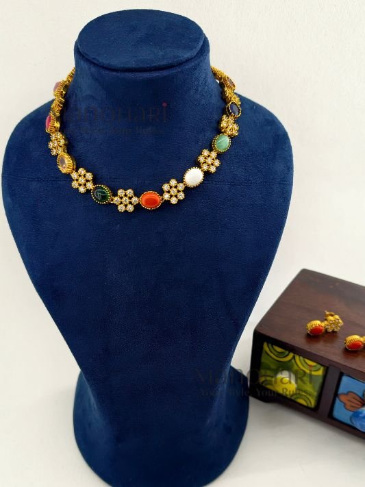 MN-NK-TNGN-TAN-01_2 Tanmayi Navarathna grace necklace with floral matte gold stone detailing