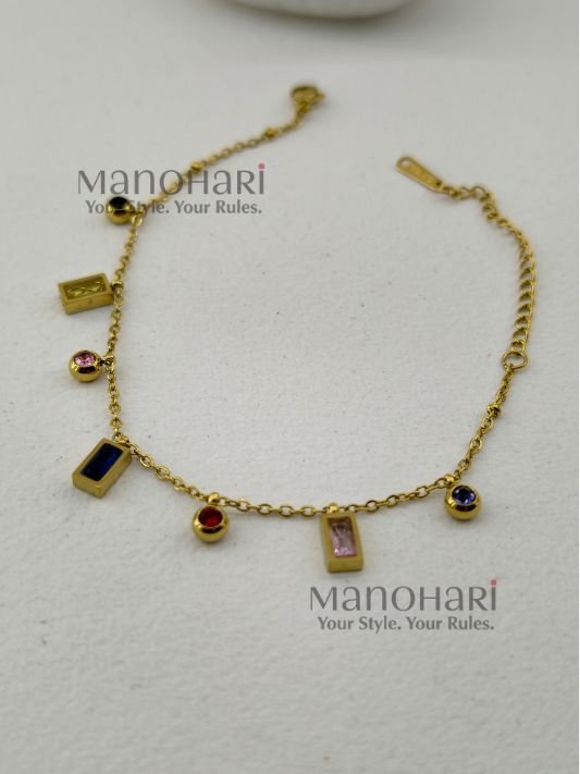 Aurelia Prism Glow Bracelet featuring vibrant multicolour geometric accents and a luxurious gold-plated anti-tarnish finish