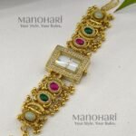 Rajwadi Heritage Gemstone Bracelet Watch with multicolour gemstones and elegant Rajwadi polish, crafted from premium brass for women.