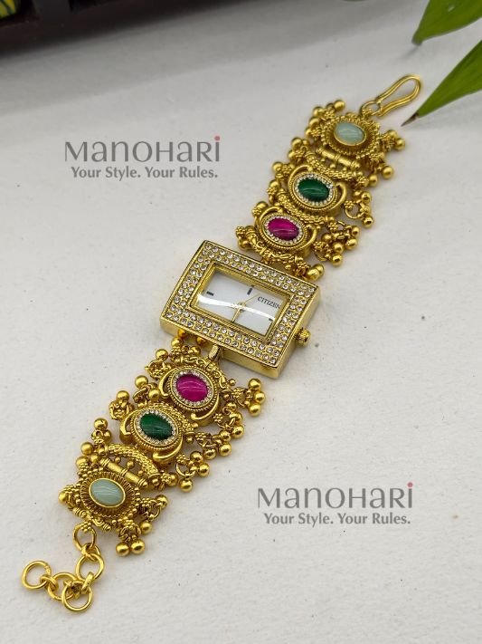 Rajwadi Heritage Gemstone Bracelet Watch with multicolour gemstones and elegant Rajwadi polish, crafted from premium brass for women.