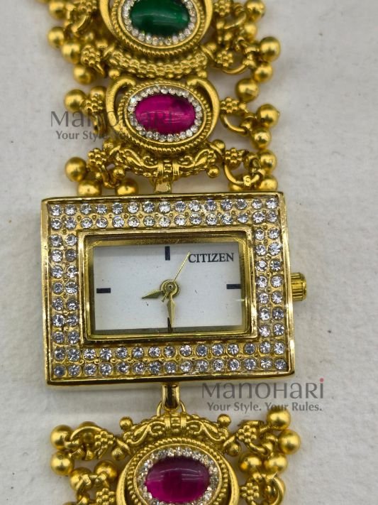 Rajwadi Heritage Gemstone Bracelet Watch with multicolour gemstones and elegant Rajwadi polish, crafted from premium brass for women.