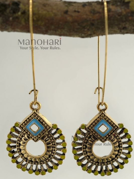 MN-ER-ADRD-AUR-01_2 Aurelia Dual Radiance Drop Earrings featuring antique gold plating, intricate enamel detailing, and an elegant long hook design