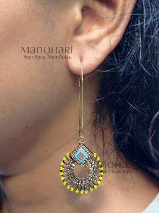 MN-ER-ADRD-AUR-01_4 Aurelia Dual Radiance Drop Earrings featuring antique gold plating, intricate enamel detailing, and an elegant long hook design