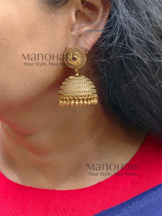**Rajsi Antique Jhumka Earrings crafted from premium brass with a high gold polish, featuring an elegant 5 cm drop and traditional heritage design for women.**