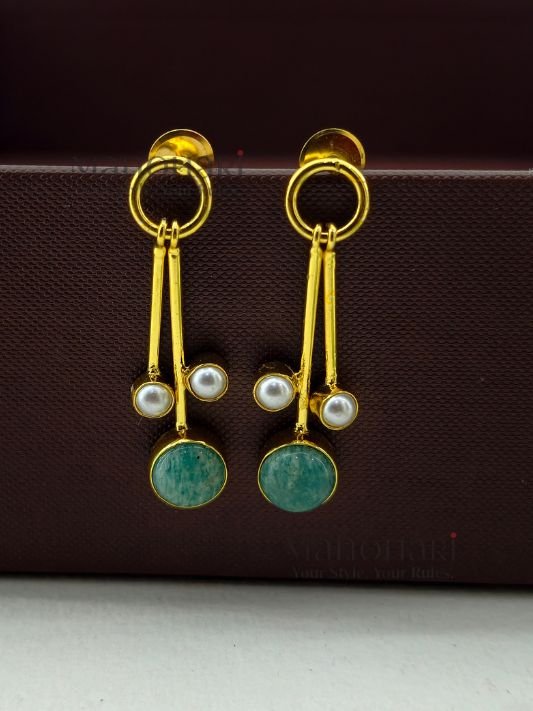 MN-ER-ATPD-AUR-01_3 Aurelia Triple Pearl Drop Earrings featuring a minimalist stick design with elegant triple pearl accents