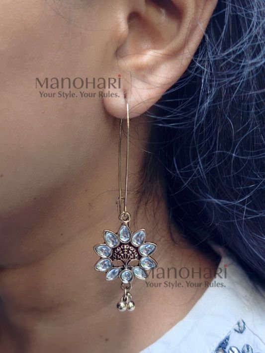 MN-ER-AWBD-AUR-01_3 Aurelia White Blossom Drop Earrings featuring floral marquise-cut white stones in a radiant silver-tone finish with elegant long hooks