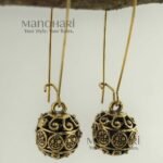 Meher Heritage Orb Drop Earrings featuring intricate Shanku-inspired stone artwork with an elegant long-hook design and traditional heritage detailing