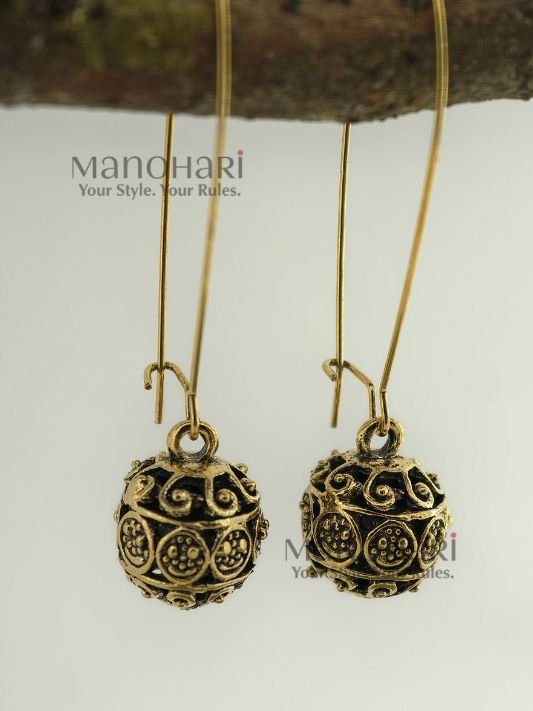Meher Heritage Orb Drop Earrings featuring intricate Shanku-inspired stone artwork with an elegant long-hook design and traditional heritage detailing