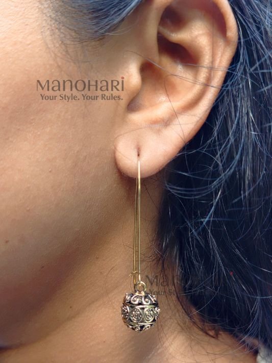 Meher Heritage Orb Drop Earrings featuring intricate Shanku-inspired stone artwork with an elegant long-hook design and traditional heritage detailing