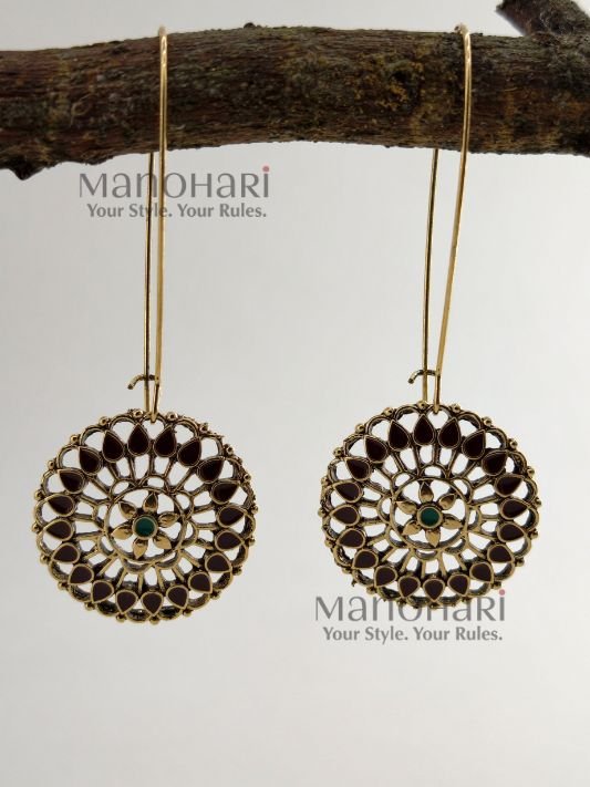 Meher Regal Radiance Dangler Earrings featuring an antique-inspired design with intricate detailing and an elegant long-drop silhouette