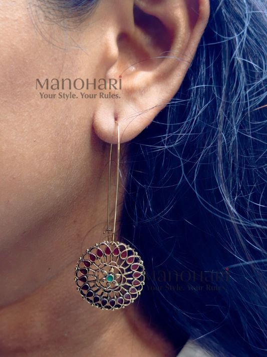 Meher Regal Radiance Dangler Earrings featuring an antique-inspired design with intricate detailing and an elegant long-drop silhouette