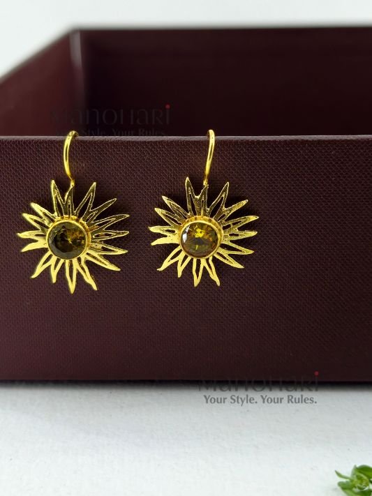 Meher Sunray Charm Hoops featuring a radiant sun-inspired charm crafted in raw brass with a classic hoop design