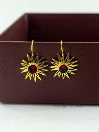 Meher Sunray Charm Hoops featuring a radiant sun-inspired charm crafted in raw brass with a classic hoop design