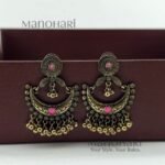 Naina Pink Chandrika Earrings featuring an antique gold-plated Chandbali design adorned with elegant pink accents and intricate traditional detailing