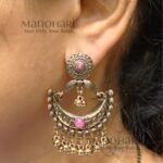 Naina Pink Chandrika Earrings featuring an antique gold-plated Chandbali design adorned with elegant pink accents and intricate traditional detailing