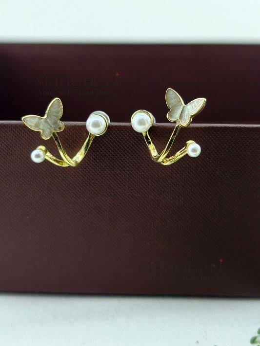 Naina Pearl Duo Earrings featuring a stylish two-piece pearl design with elegant detailing and a modern party-wear aesthetic