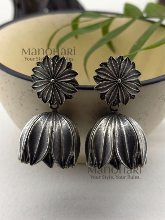 MN-ER-OXD-NOS-01_3 **Noor Oxidised Silver Jhumki Earrings crafted from premium German Silver with a silver-plated finish, featuring a classic circular jhumka design for women.**