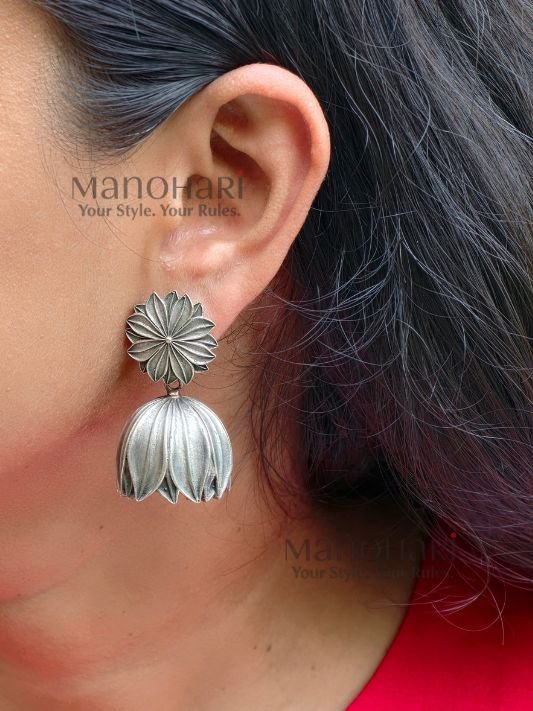 MN-ER-OXD-NOS-01_4 **Noor Oxidised Silver Jhumki Earrings crafted from premium German Silver with a silver-plated finish, featuring a classic circular jhumka design for women.**