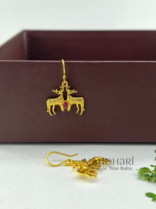 MN-ER-RDED-RUH-01_1 Ruhani deer elegance drops earrings featuring a graceful deer motif with a radiant gold polished finish