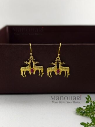 Ruhani deer elegance drops earrings featuring a graceful deer motif with a radiant gold polished finish