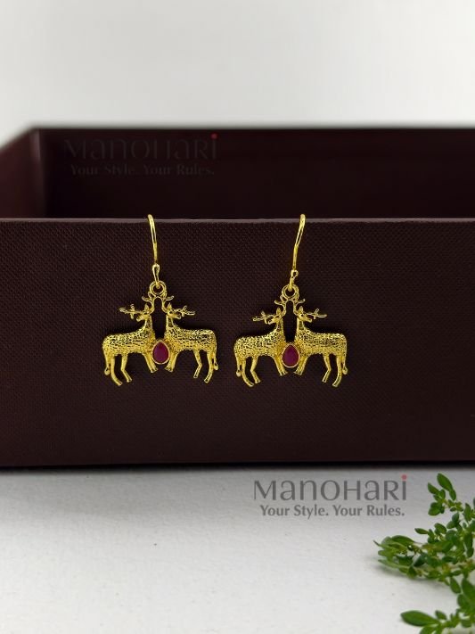 MN-ER-RDED-RUH-01_2 Ruhani deer elegance drops earrings featuring a graceful deer motif with a radiant gold polished finish