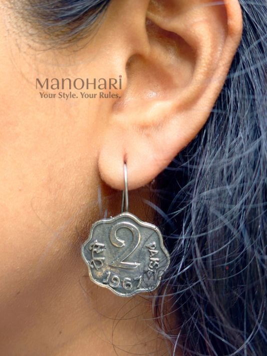 MN-ER-RHCE-RUH-01_4 Ruhani Heritage Coin Earrings featuring traditional paisa coin charms in a silver lookalike oxidised brass finish