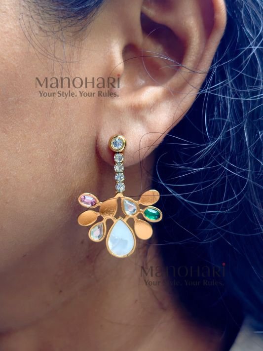 Ziya Bloom Drop Earrings featuring a floral gold-plated design with sparkling cubic zirconia accents