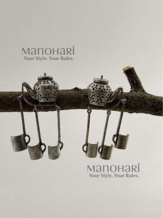 Ziya Chai Tale Earrings featuring a handcrafted chai kettle design in premium brass inspired by traditional tea culture