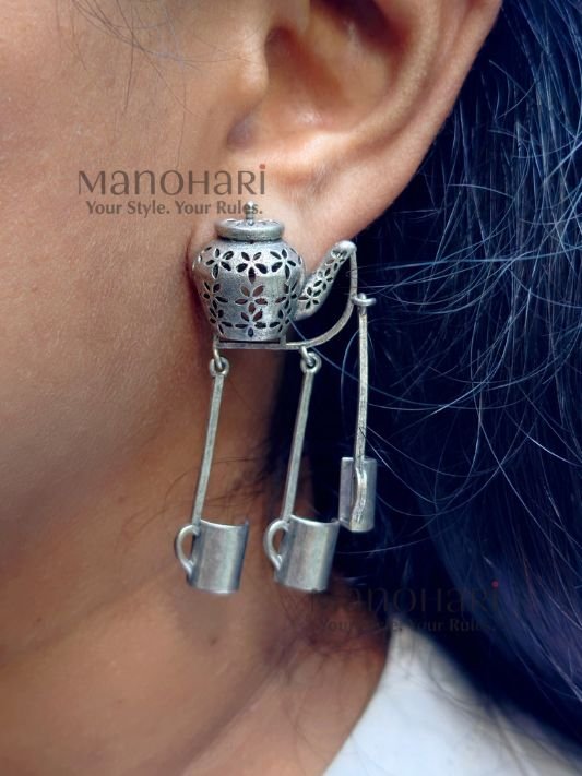 Ziya Chai Tale Earrings featuring a handcrafted chai kettle design in premium brass inspired by traditional tea culture