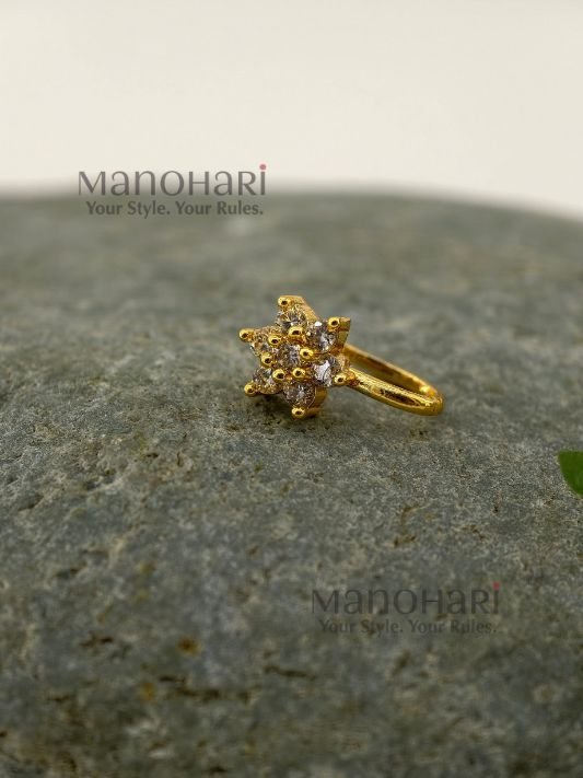 Vasuki Floral Spark Nose Ring featuring sparkling cubic zirconia accents and a delicate floral-inspired design in a non-piercing gold-tone clip-on style