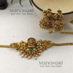 **Vaidehi Temple Heritage Necklace Set crafted from premium brass with a high gold polish, featuring a traditional South Indian temple design with matching earrings for women.**