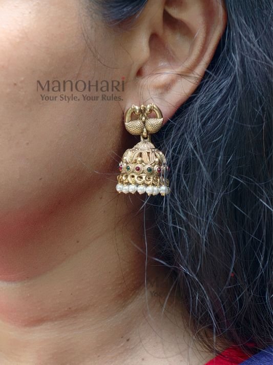 Vaidehi Temple Heritage Necklace Set crafted from premium brass with a high gold polish, featuring a traditional South Indian temple design with matching earrings for women.