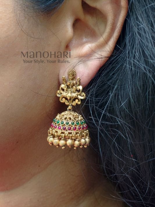 **Shri Lakshmi Heritage Pendant Set in high gold polish with matching jhumka earrings for women.**